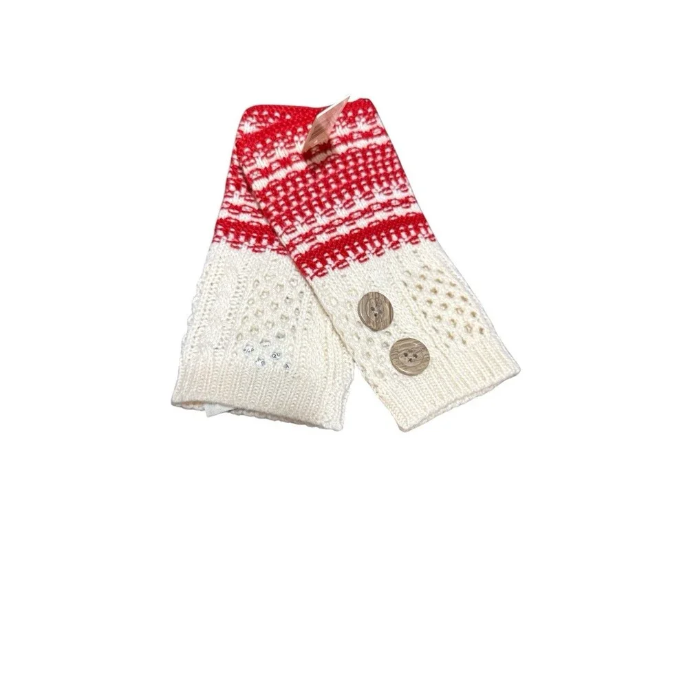Simply Noelle Wrist Warmers Red Ivory Knit Fingerless Gloves Buttons NWT